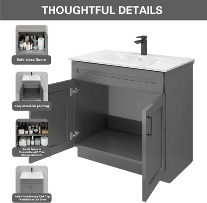 36" Grey Shaker Bathroom Vanity Base, Soft-Close Double-Door Ready-to-Assemble Sink Cabinet, 36" W x 21" D x 34.5" H, Cabinet Only, No Top