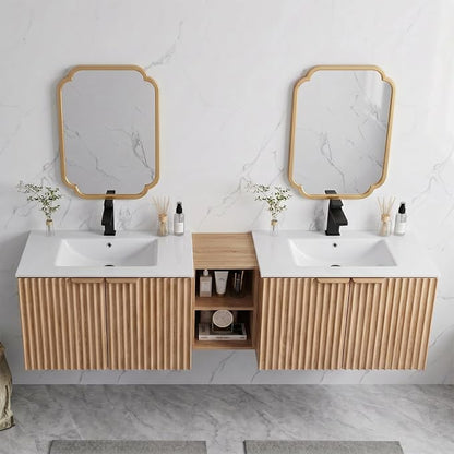 72 Inch Floating Bathroom Vanity with Double Sink, Bathroom Double Sink Cabinet with Soft Close Door Waterproof Storage, Wood Color