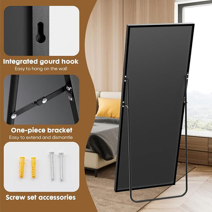 NEWBULIG Mirror Full Length, 16"x59" Body Wall Mirrors with Shatter-Proof Glass, Upgraded Floor Standing Mirror, Hanging or Leaning, with Stand Aluminum Alloy Frame for Home Decor, Bedroom, Black | Hanging or Leaning, Shatter-Proof Glass, Aluminum Allo...