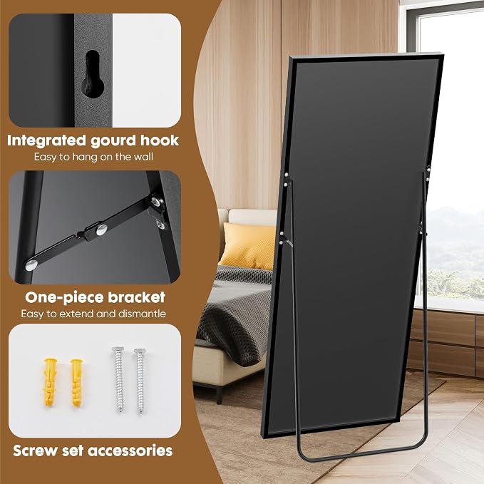 NEWBULIG Full Length Floor Mirror 64"x21", Body Standing Mirror | Wall Hanging or Leaning, Shatter-Proof Glass, Aluminum Alloy Frame with Stand, Home Decor Bedroom, Black