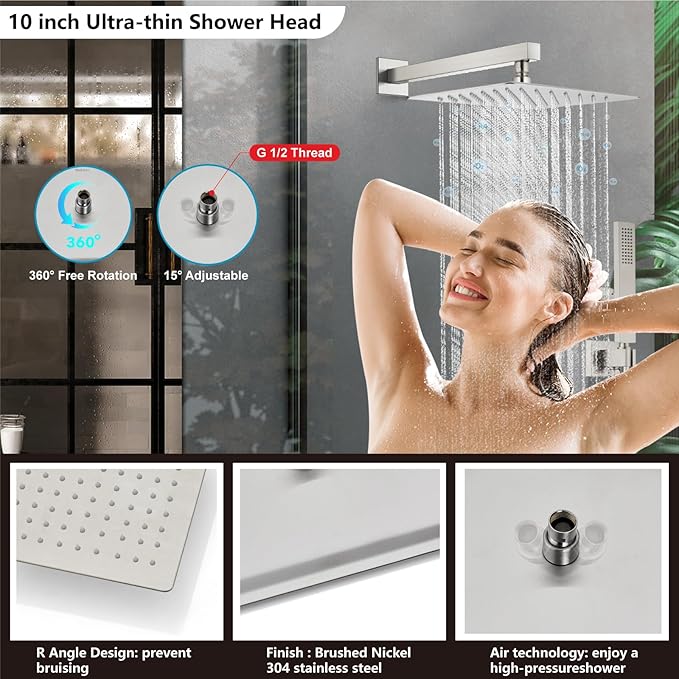 Midanya Shower Faucet Set,Wall Mount Shower System with Square Rain Shower Head and Hand Sprayer, Rough-in Valve Body and Trim Kit Included,10 Inch,Brushed Nickel