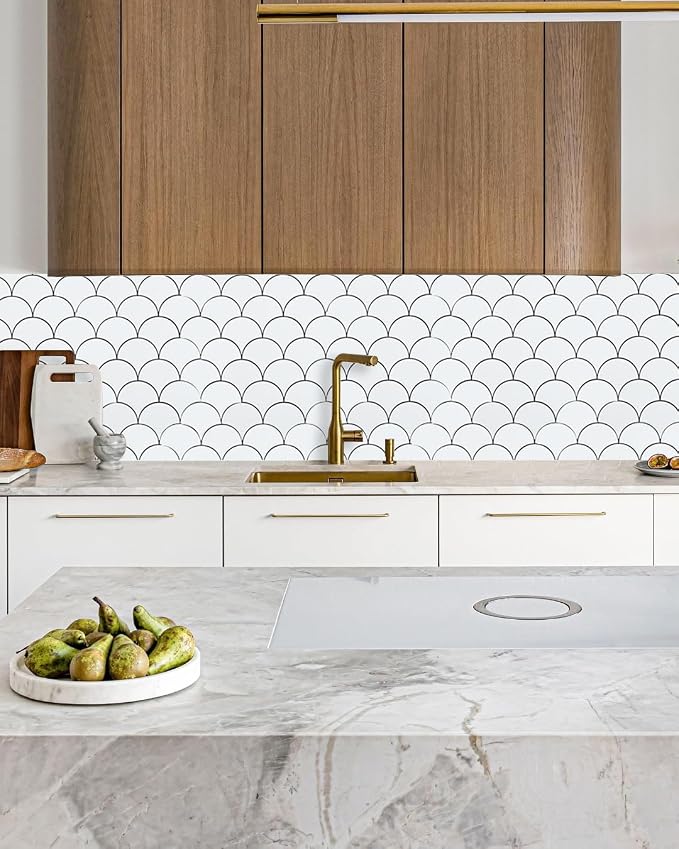 6 Sheets White Peel and Stick Backsplash Tile, Fish Scale Wall Tiles Stick on Backsplash for Kitchen Bathroom