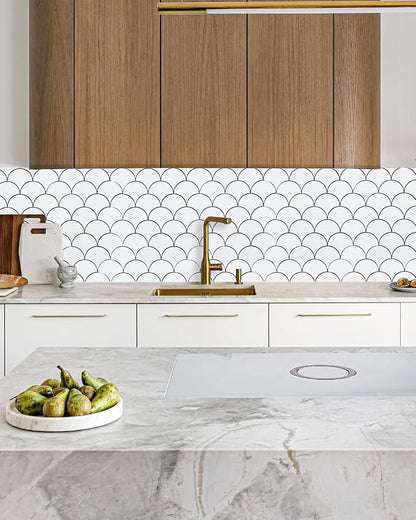 6 Sheets White Peel and Stick Backsplash Tile, Fish Scale Wall Tiles Stick on Backsplash for Kitchen Bathroom