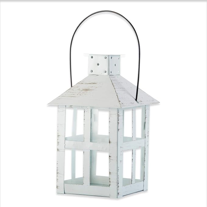Kate Aspen 9 Inch White Vintage Distressed Rustic Candle Holder Decorative Lantern, Wedding Decoration, Farmhouse Decor, Table Centerpiece, Home Shelf Decor
