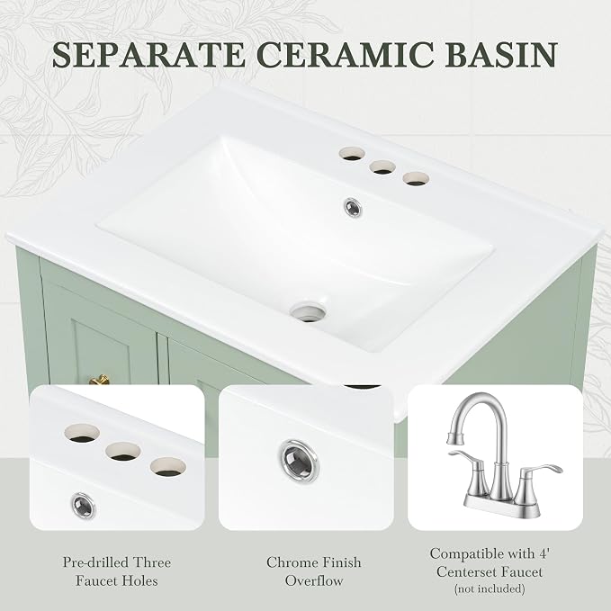 24" Bathroom Vanity with Ceramic Sink,Undermount Single Basin Bath Vanity Set w/3 Drawers and Adjustable Shelf,Modern Freestanding Storage Cabinet,MDF & Rubberwood,Green