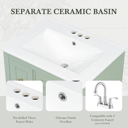 24" Bathroom Vanity with Ceramic Sink,Undermount Single Basin Bath Vanity Set w/3 Drawers and Adjustable Shelf,Modern Freestanding Storage Cabinet,MDF & Rubberwood,Green