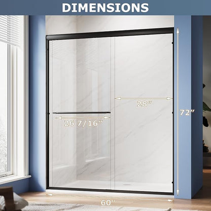 SUNNY SHOWER Double Sliding Glass Door 60" W x 72" H Shower Door 1/4" Tempered Glass Sliding Door Semi-Frameless Shower Glass Enclosure Bypass Walk in Shower Cabin, Matte Black