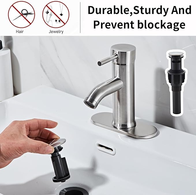 Bathroom Faucet, Modern Single Handle, Brushed Nickel, Stainless Steel & Brass, 1-3 Hole, Deck Mount, Pop-up Drain, Ceramic Filter