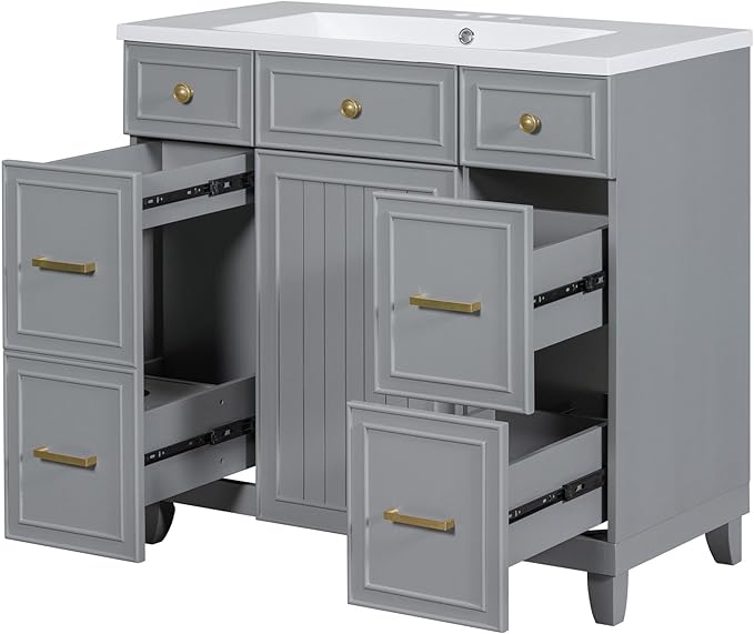 LUMISOL 36" Bathroom Vanity with Sink Top, Modern Bathroom Vanities with 3 Drawers & Cabinet, Solid Wood Bathroom Cabinet with Undermount Basin Sink, Grey