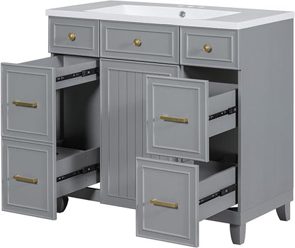 LUMISOL 36" Bathroom Vanity with Sink Top, Modern Bathroom Vanities with 3 Drawers & Cabinet, Solid Wood Bathroom Cabinet with Undermount Basin Sink, Grey
