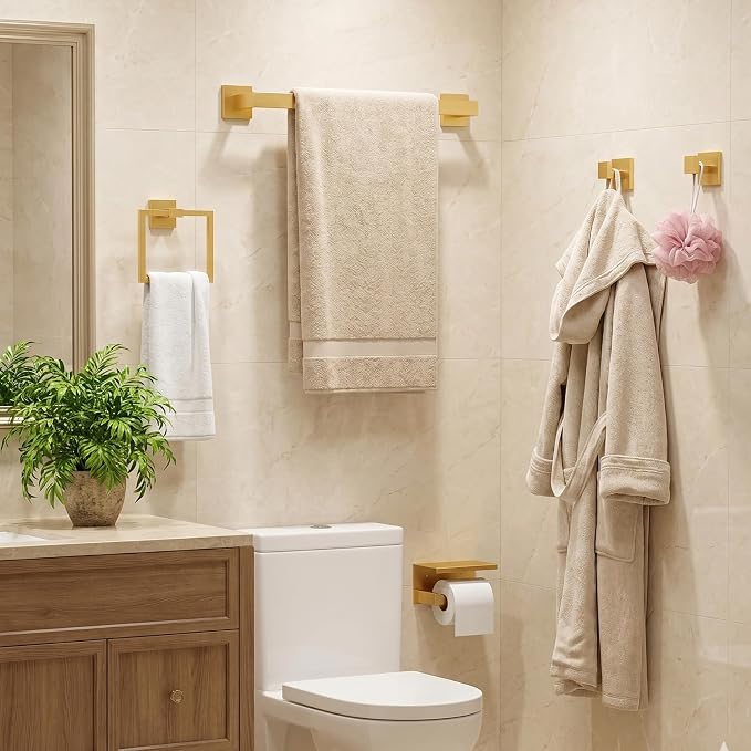 10-Piece Brushed Gold Bathroom Hardware Set SUS304 Stainless Steel, 2×23.6" Towel Bars, 2 Towel Rings, 2 Toilet Paper Holders & 4 Towel Hooks Wall Mounted Bathroom Accessories Set