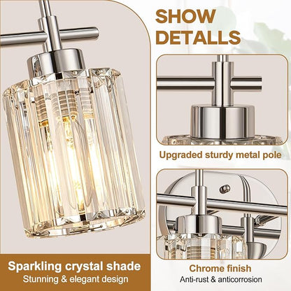 Modern K9 Crystal Bathroom Vanity Light Fixtures, 4-Light Chrome Vanity Lighting Over Mirror, Clear Crystal Shades, Modern Bathroom Light for Bedroom Living Room Hallway Dressing Room