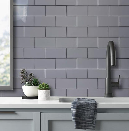AULIGET 100-Piece Polished Grey Thick PVC Peel and Stick Backsplash, 3" x 6" Waterproof Subway Tile Peel and Stick Wall Tiles for Kitchen & Bathroom
