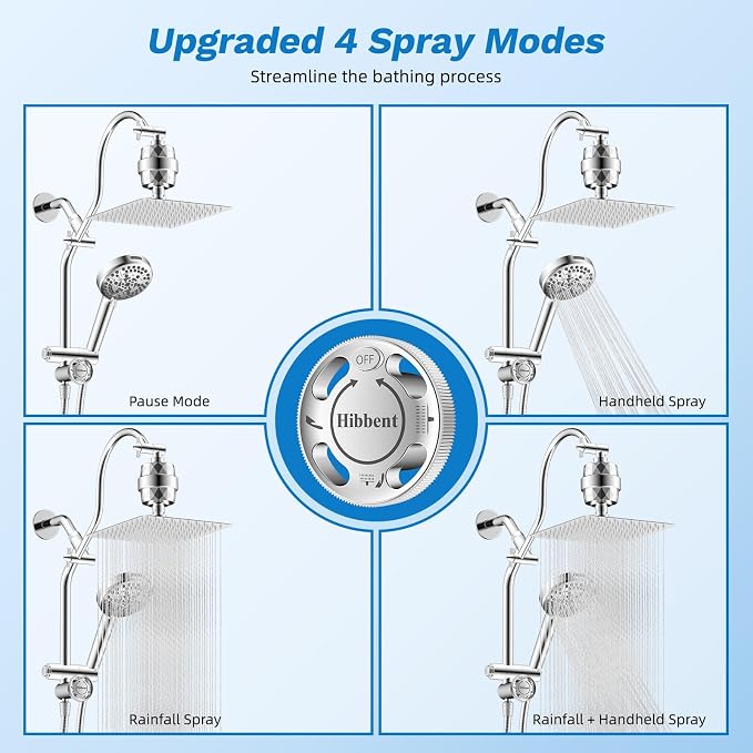 Hibbent 10" Dual Filtered 10" Rainfall Shower Head with Handheld 10-Spray | High Pressure Metal Chrome Showerhead Combo with Filter, 4-way Diverter with Pause Mode, Extension Arm, 71'' Hose & Holder