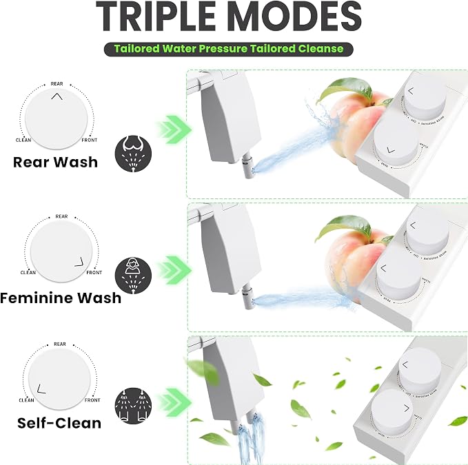 Toilet Bidet With Left/Right Side Reversible Design, Fresh Water, Non-Electric, Toilet Bidet Attachment, Right/Left Hand Side with Dual Nozzle, Self-Clean, Easy to Install (White Knob)