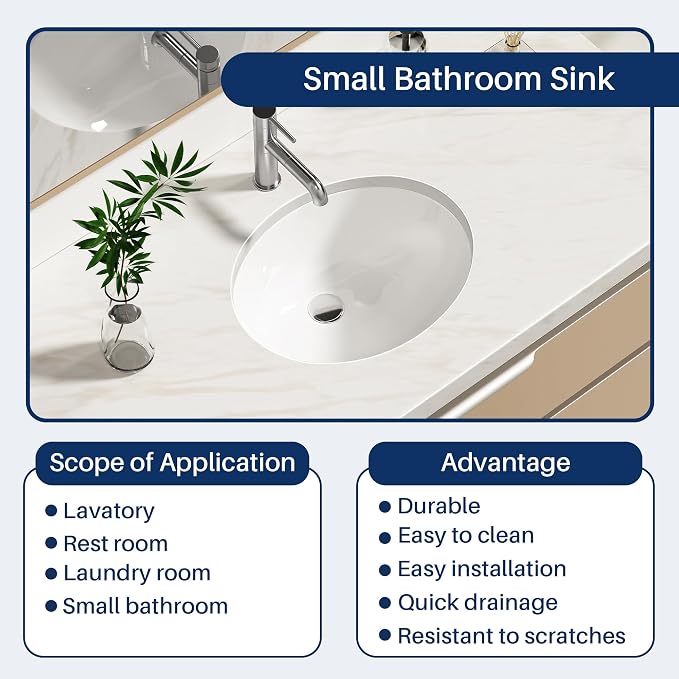 Enbol 15x12 inch Oval Undermount Ceramic Bathroom Sink - White Porcelain Vessel Lavatory Basin with Overflow, Countertop Vanity Sink ECU1512