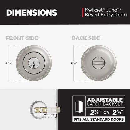 Kwikset Juno Entry Door Knob with Lock and Key, Secure Keyed Handle Exterior, Front Entrance and Bedroom, Satin Nickel, Pick Resistant SmartKey Rekey Security and Microban, 2
