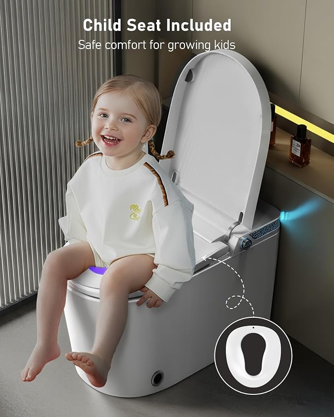 Smart Toilet with Bidet Built-in: Bidet Toilet with 5L Tank, Dual Flush | Auto Flush Lid&Seat, Powerful Modern Toilet with Instant Warm Water, Dryer, Foot Sensor, Foam, Heated Seat, UV-C Night Light