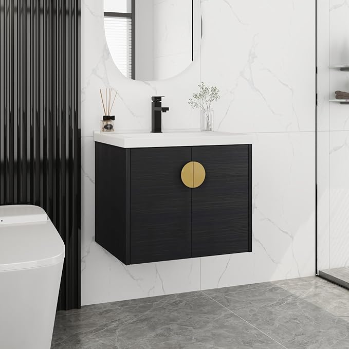 24" Floating Bathroom Vanity with Sink Combo,24 Inch Bathroom Vanity,Single Sink Wall Mounted Vanity Combo,Modern Wall Mounted Cabinet Set with Ceramic Sink,Black