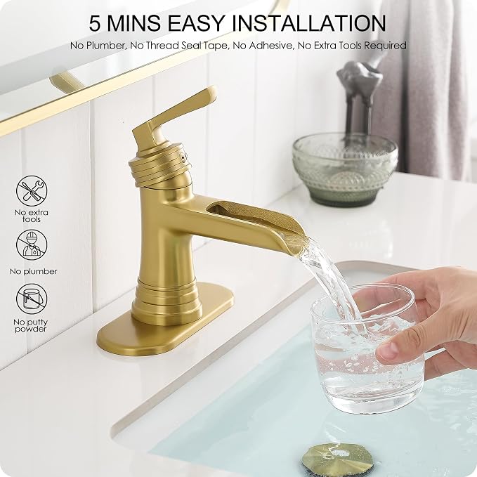 Brushed Gold Bathroom Faucets One Hole, Brass Waterfall Bathroom Sink Faucet 3 Hole 4 Inch With Pop-up Drain, Deck Plate, Pre-Installed cUPC Hose for Farmhouse, Lavatory, 5 Mins Quick Install