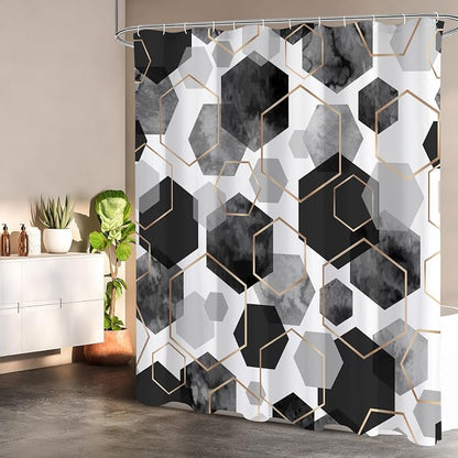 Litabel Small Stall Shower Curtain Set, Geometric Bathroom Decor 36x72 | Narrow Half Modern Minimalist Shower Curtais, Black Geometric Art Print Abstract Waterproof Bath Curtain