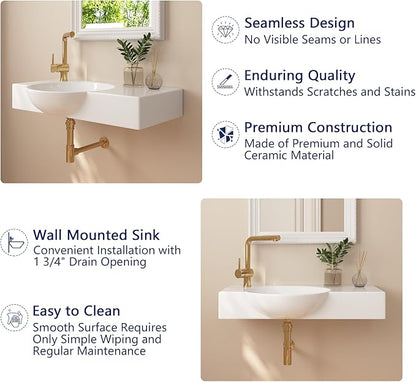 DeerValley 30x18 Inch Wall-Mounted Bathroom Sink, White Ceramic Floating Vessel Sink with Left-Side Faucet Hole and Overflow, Model DV-1WS0125L