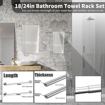 Newfun 8-Pieces 24 Inch Polished Chrome Bathroom Hardware Set | Bathroom Accessory Set, Includes 24" Adjustable Bath Towel Bar, Towel Rings Wall Mounted, Toilet Paper Holder, Towel Hooks