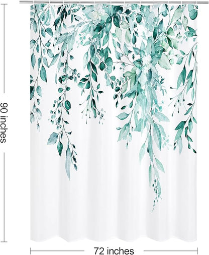 Teal Eucalyptus Shower Curtain, Watercolor Floral Print, 72x90 | Watercolor Plant Leaves Floral Print, Extra Long Waterproof Fabric Bathroom Decor, Machine Washable, Rustproof Grommets