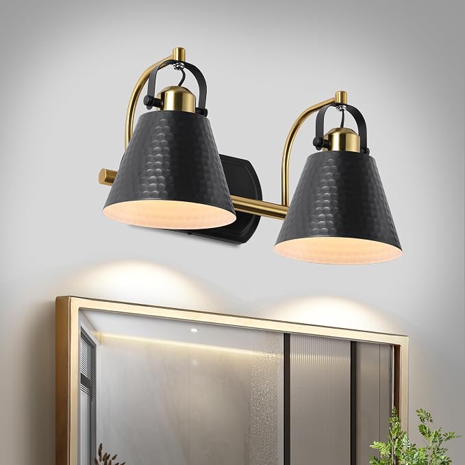 2-Lights Black and Gold Vanity Light, Farmhouse Vanity Light with Rotatable Hammered Shade, Bathroom Light Fixtures Over Mirror, Modern Wall Sconces for Bath Mirror Bedroom Living Room Stair Hallway