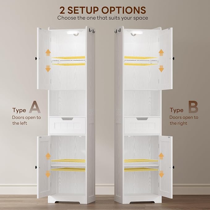 LIKIMIO Tall Bathroom Storage Cabinet with Lights, 2 Doors and 1 Drawer | Narrow Bathroom Storage Cabinet with Adjustable Shelves, 2 Hook, Slim Freestanding Cabinet for Small Space, 15.7" Wide, White