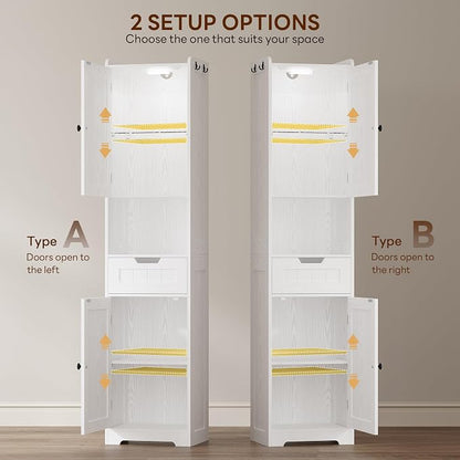 LIKIMIO Tall Bathroom Storage Cabinet with Lights, 2 Doors and 1 Drawer | Narrow Bathroom Storage Cabinet with Adjustable Shelves, 2 Hook, Slim Freestanding Cabinet for Small Space, 15.7" Wide, White