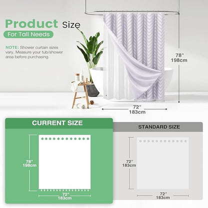 Dynamene Long Shower Curtain and Liner Set - 78 inch Tall Boho Shower Curtain and Waterproof Clear Liner, Tufted Chevron Striped Textured Tassel Shower Curtains for Bathroom, 12 Hooks, 72x78, Lavender