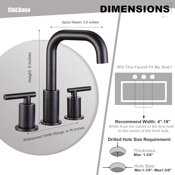 ChiLDano Oil Rubbed Bronze Bathroom Faucet 3 Hole, 3 Hole Faucet with Drain | 2 Handle Rubbed Bronze Widespread Bathroom Sink Faucet, Bronze Sink Faucet Bathroom Widespread CH3166ORB