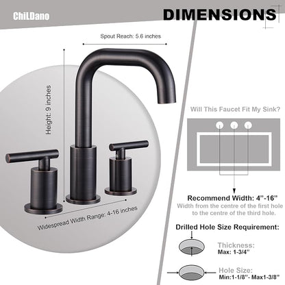 ChiLDano Oil Rubbed Bronze Bathroom Faucet 3 Hole, 3 Hole Faucet with Drain | 2 Handle Rubbed Bronze Widespread Bathroom Sink Faucet, Bronze Sink Faucet Bathroom Widespread CH3166ORB
