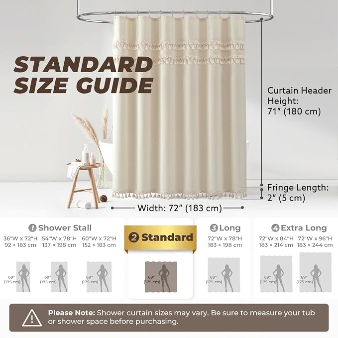 Linen Shower Curtain Boho Beige Shower Curtain with 3 Tassels 72"W x 72"L | Thick linen-poly blend, three handcrafted fringe accents, soft drape, neutral rustic styling for bathroom decor