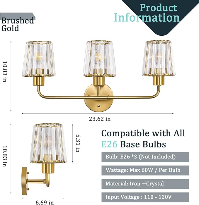 Brushed Gold Vanity Lights, 3-Light Crystal Bathroom Light Fixtures | Modern Bathroom Vanity Light E26 Wall Light over Mirror (Exclude Bulb)