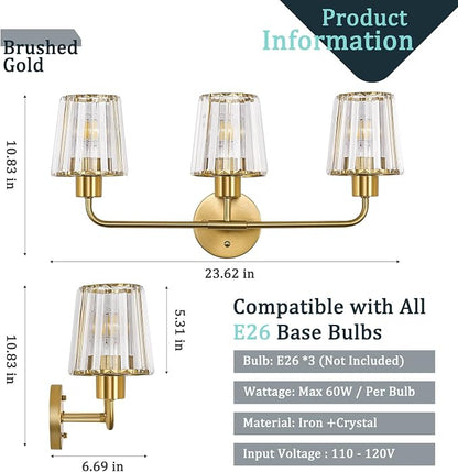 Brushed Gold Vanity Lights, 3-Light Crystal Bathroom Light Fixtures | Modern Bathroom Vanity Light E26 Wall Light over Mirror (Exclude Bulb)