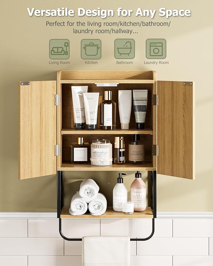 Masupu Bathroom Cabinet Wall Mounted, Wooden Medicine Cupboard with Adjustable Shelves, Space-Saving Wall Storage Unit for Bathroom, Kitchen and Living Room (9" D x 15.35" W x 27.16" H,Modern Oak)