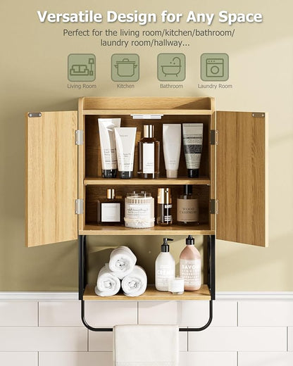 Masupu Bathroom Cabinet Wall Mounted, Wooden Medicine Cupboard with Adjustable Shelves, Space-Saving Wall Storage Unit for Bathroom, Kitchen and Living Room (9" D x 15.35" W x 27.16" H,Modern Oak)