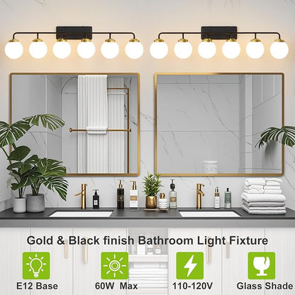 Bathroom Light Fixtures 45.3in 6-Light Black Gold Vanity Lights for Mirror | Dimmable Bathroom Lighting Fixtures over Mirror, ETL, E12 Base Max 60W, Modern Wall Sconce, Milky White Glass Ball Shades