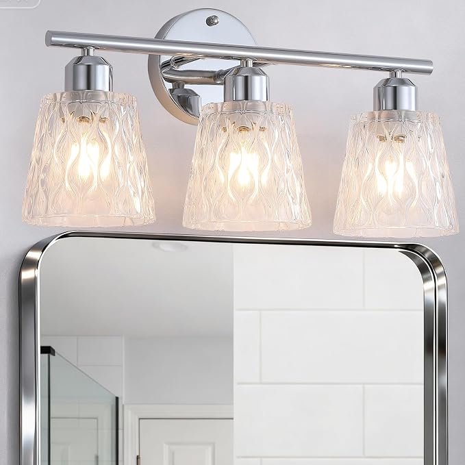 Chrome 3 Light Bathroom Vanity Lights with Textured Glass Shades, E26 Sockets, Bathroom Light Fixtures Over Mirror, Modern Lighting Fixtures Wall Lamp Vanity Lights