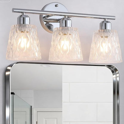 Chrome 3 Light Bathroom Vanity Lights with Textured Glass Shades, E26 Sockets, Bathroom Light Fixtures Over Mirror, Modern Lighting Fixtures Wall Lamp Vanity Lights