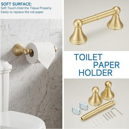 4-Piece Bathroom Hardware Accessories Kit, Zynuhmo Brushed Gold Towel Bar Set Wall Mounted with 20'' Towel Bar, Towel Ring & Toilet Paper Holder, Robe Hook Set Fixtures for Modern Farmhouse Bathroom