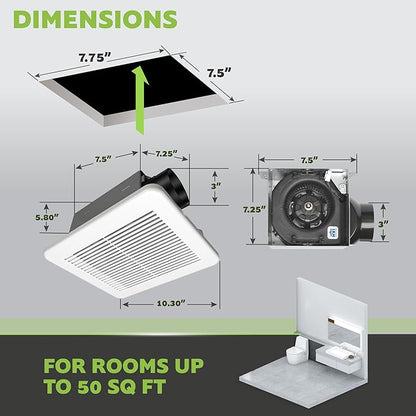 Homewerks 7114-02-HW DC Bathroom Fan 50-CFM 1.0 Sone White Ventilation Fan, Energy Star-Qualified with 3-inch Duct for 2x4 Construction