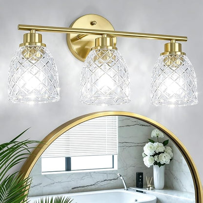 3-Light Bathroom Light Fixtures, Brushed Gold Vanity Lights Over Mirror | Modern Farmhouse Wall Sconces with Hammered Glass Lampshade for Kitchen Hallway Bedroom Living Room Cabinet Porch-18.1IN