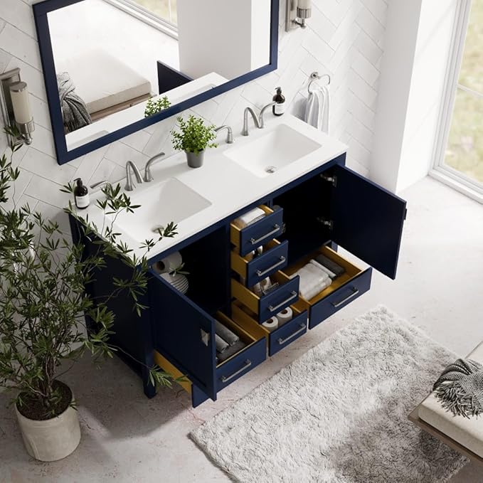 Eviva Aberdeen 48 Inch Bath Vanity with Sink Blue Bathroom Vanity with Carrara Quartz Top Freestanding Double Sink Bath vanities with Spacious Storage -Bathroom Sink Cabinet and top Combo