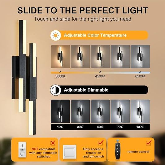 Modern LED Wall Sconce Black Remote Wall Light Fixtures for Bathroom, Dimmable Vanity Light Indoor LED Remote Wall Sconce for Bedside Bedroom Living Dining Room (1 Pack 3000-6500K 19.7inch)