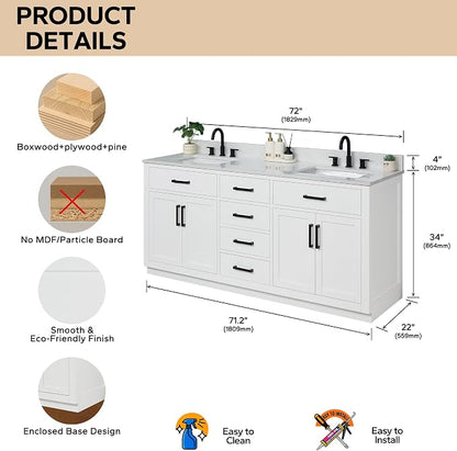 72-inch White Bathroom Vanity with 2 Sinks, Solid Wood, 0.79-inch Stone Countertop and Backsplash, 6 Drawers, 2 Soft Closing Doors