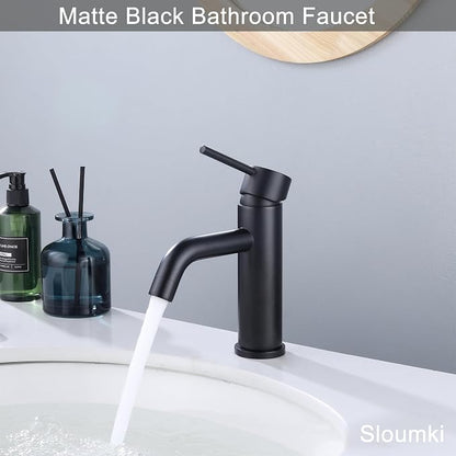 Bathroom Faucet Matte Black Modern Bathroom Sink Faucet with Single Handle Suitable for 1 or 3 Holes, Supply Deck Plate and Hose