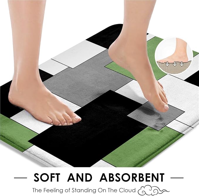 Bathroom Sets with Shower Curtain and Rugs, 4 Pcs, Geometric Sage | Modern Checkered Abstract Bathroom Decor Set with Toilet Lid Cover, Non-Slip Bath Mats and Accessories 12 Hooks